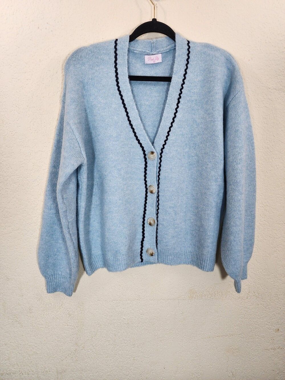 Pink Lily Womens Cardigan S/M Blue Black Scallop Trim V-Neck Knit Sweater